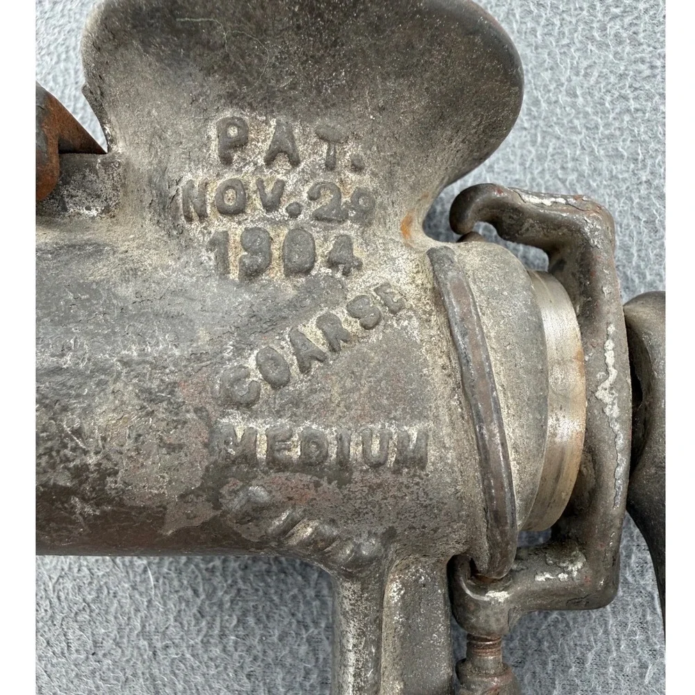 Antique Steinfeld No 21 Cast Iron Meat Grinder 1904 Pat. Wood Handle Farmhouse